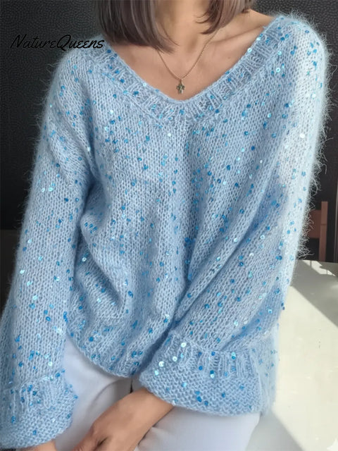 Dreamy Winter V-neck Loose Sequined Sweater Top