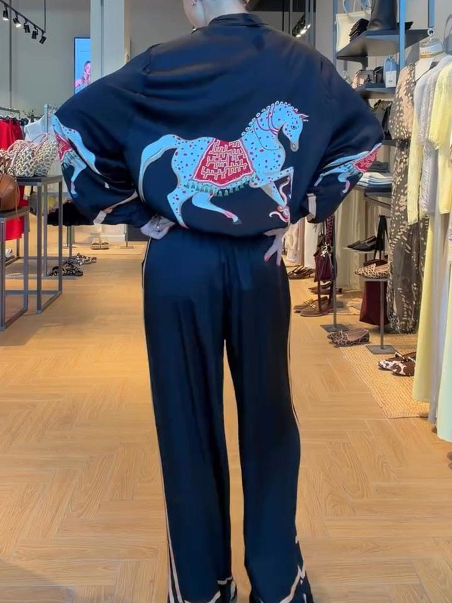 Chic Artistic Vintage Horse Print Two-piece Set
