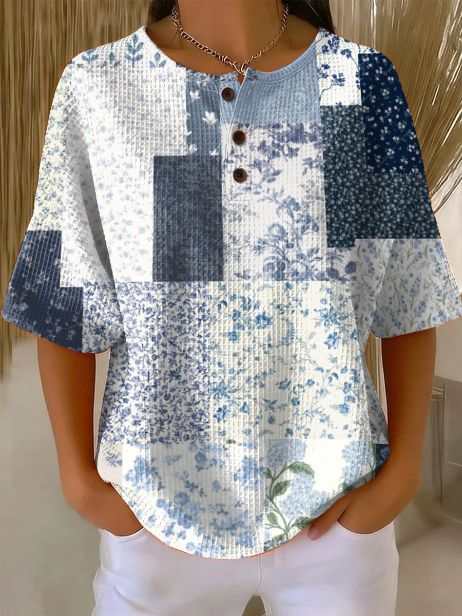 Women's Patchwork Small Floral Art Pattern Print Casual Waffle Cotton Shirt