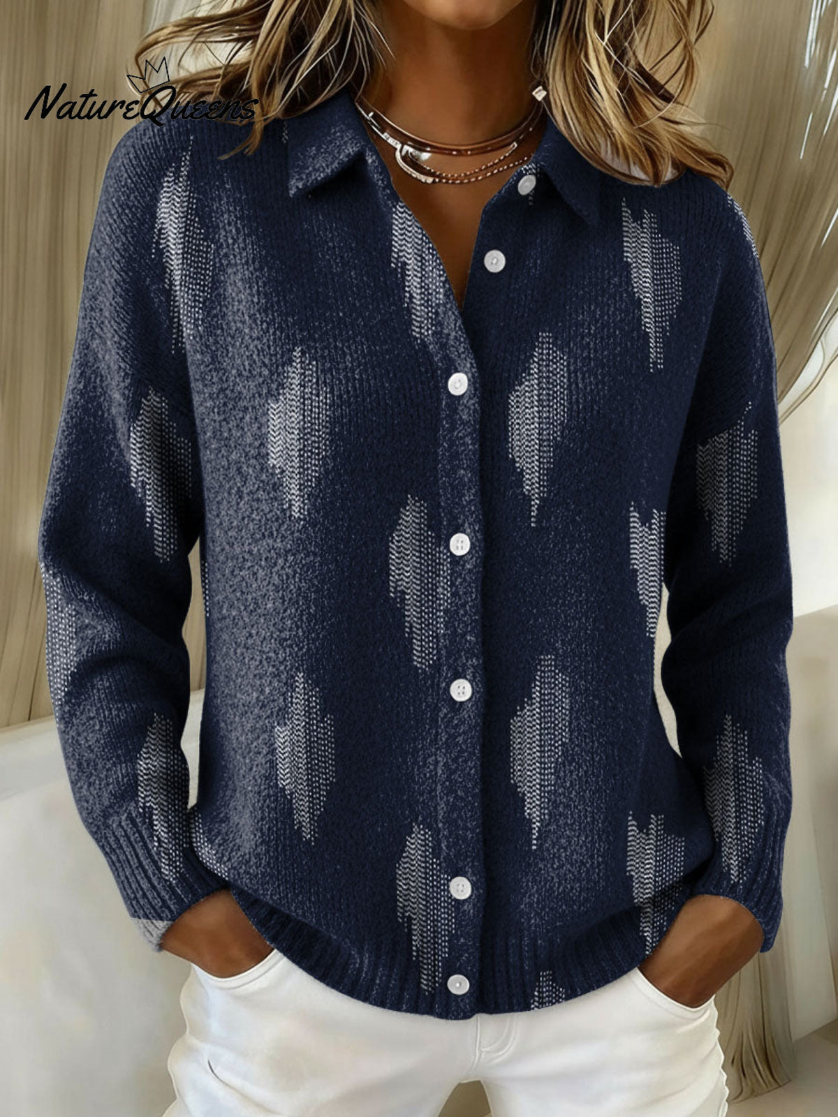 Linear Decorative Patterns Casual Shirt Collar Long Sleeve Sweater