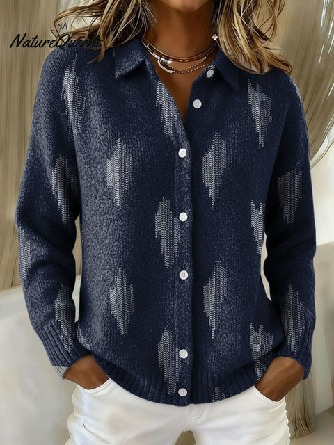 Linear Decorative Patterns Casual Shirt Collar Long Sleeve Sweater