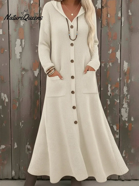 Cozy Loose-fitting Button-down Hooded Cardigan Knit Dress