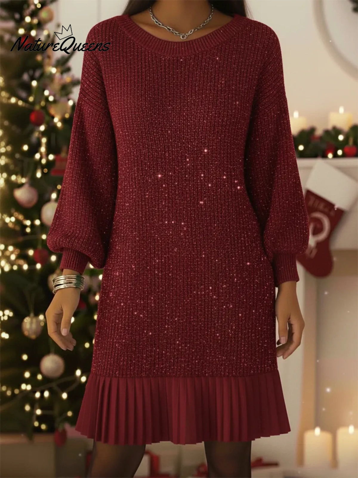 Elegant Lantern Sleeve Shimmering Knit Dress