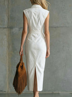 Women's Asymmetrical Front-button White Slit Lapel Sleeveless Dress