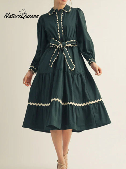 Women's ribbon contrast solid color long-sleeved cotton dress
