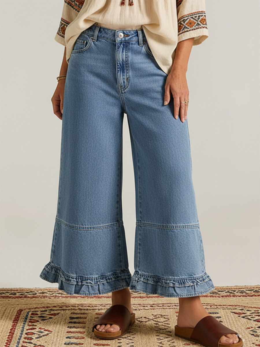 Casual Cozy Ruffled Details Denim Wide-leg Pants