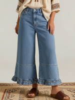 Casual Cozy Ruffled Details Denim Wide-leg Pants