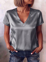 Elegant And Casual V-neck Satin Short-sleeved Shirt