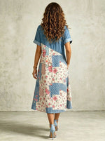 Vestido largo vaporoso de manga corta con estampado de patchwork vaquero para mujer