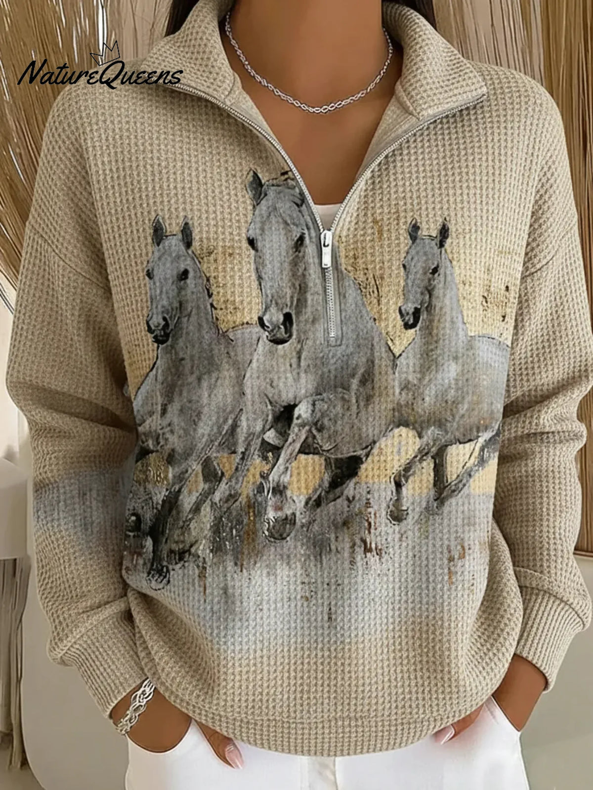 Retro Horse Racing Print Stand-collar Waffle Knit Sweatshirt