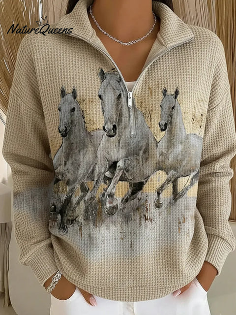 Retro Horse Racing Print Stand-collar Waffle Knit Sweatshirt