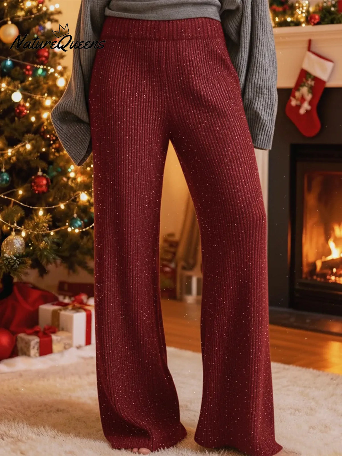 Christmas Cozy Sparkling Knit Wide-leg Pants