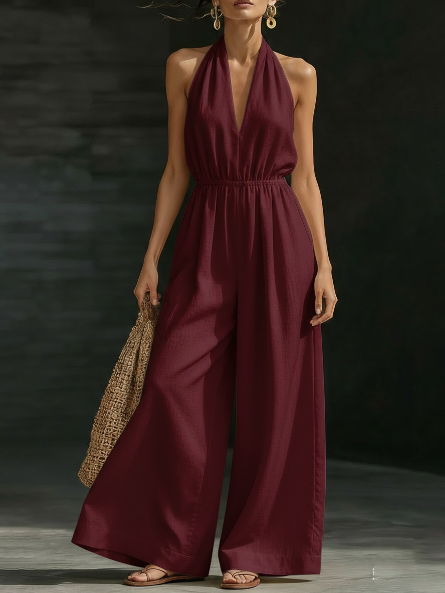 Minimalist And Elegant Halter-neck Wide-leg Linen Jumpsuit