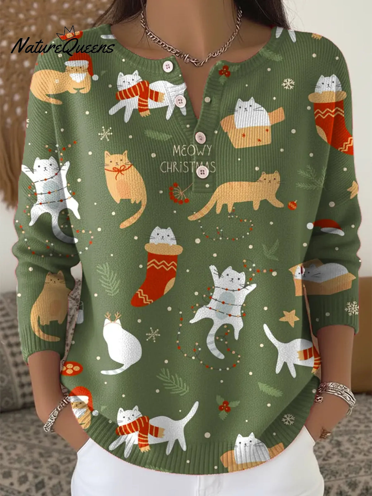 Women's Christmas Cats Pattern Art Print Casual Cardigan Sweater