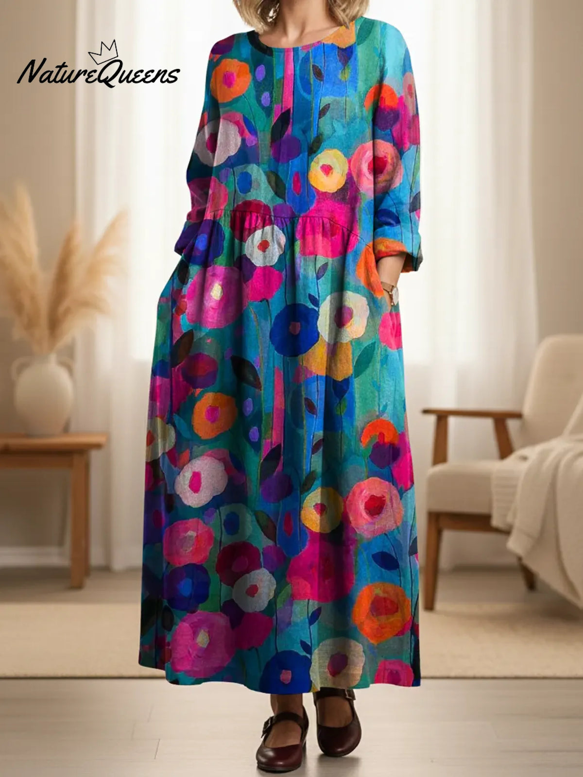 Women's Colorful Floral Art Print Pocket Cotton Dress