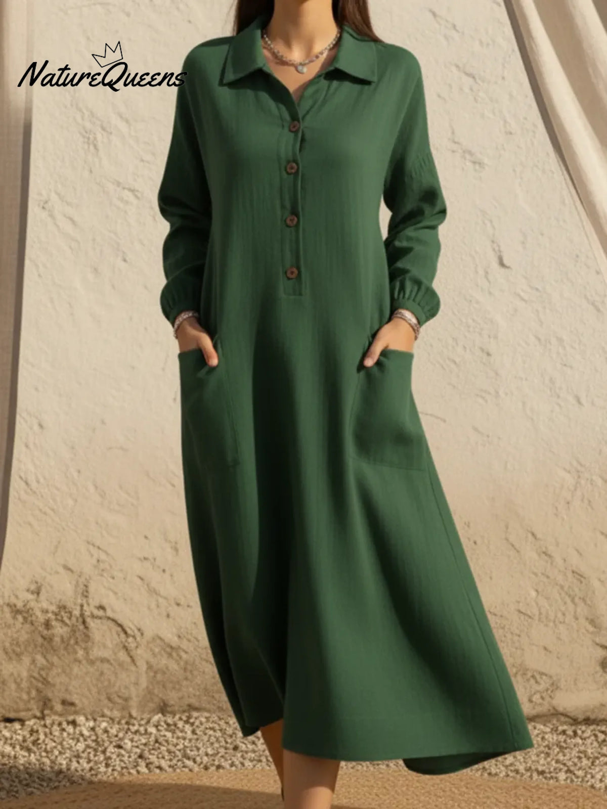 Women's Casual A-line Button Linen Shirt Dress