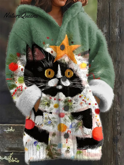 Women's Cute Christmas Cat Art Print Casual Plush Warm Coat