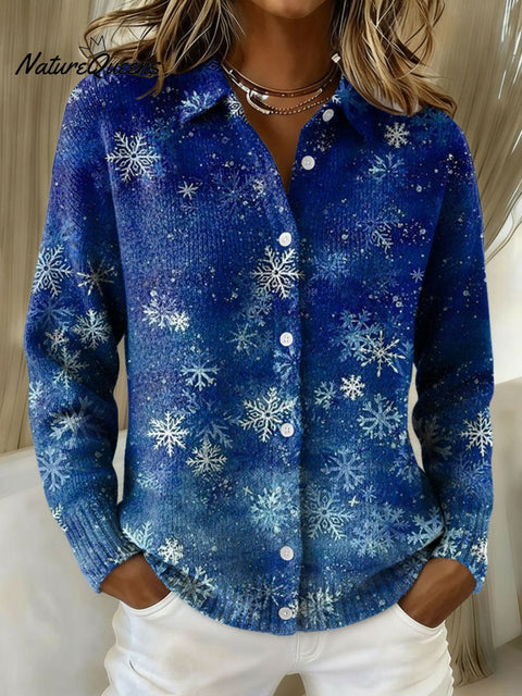 Women's Christmas Snowflake Gradient Pattern Print Cowl Neck Sweater