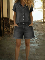 Casual Short-sleeved Denim Shirt And Denim Shorts Two-piece Set