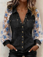Women's Casual Loose-fit Long-sleeve Denim Patchwork Shirt With Collar