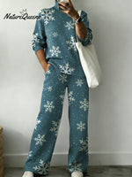 Winter Snowflake Decorative Patterns Casual Stand Collar Long Sleeve Top And Elastic Waistband Pants