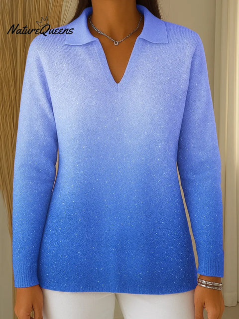 Women's Gradient Print V-Neck Long Sleeve Casual Loose Sequined Top