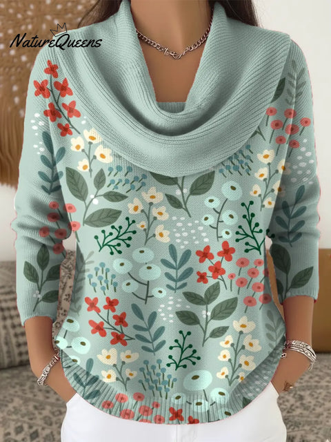 Women's Floral Art Print Cowl Neck Sweater