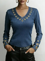 Women's Denim-look V-neck Long-sleeved Casual Loose-fitting Top