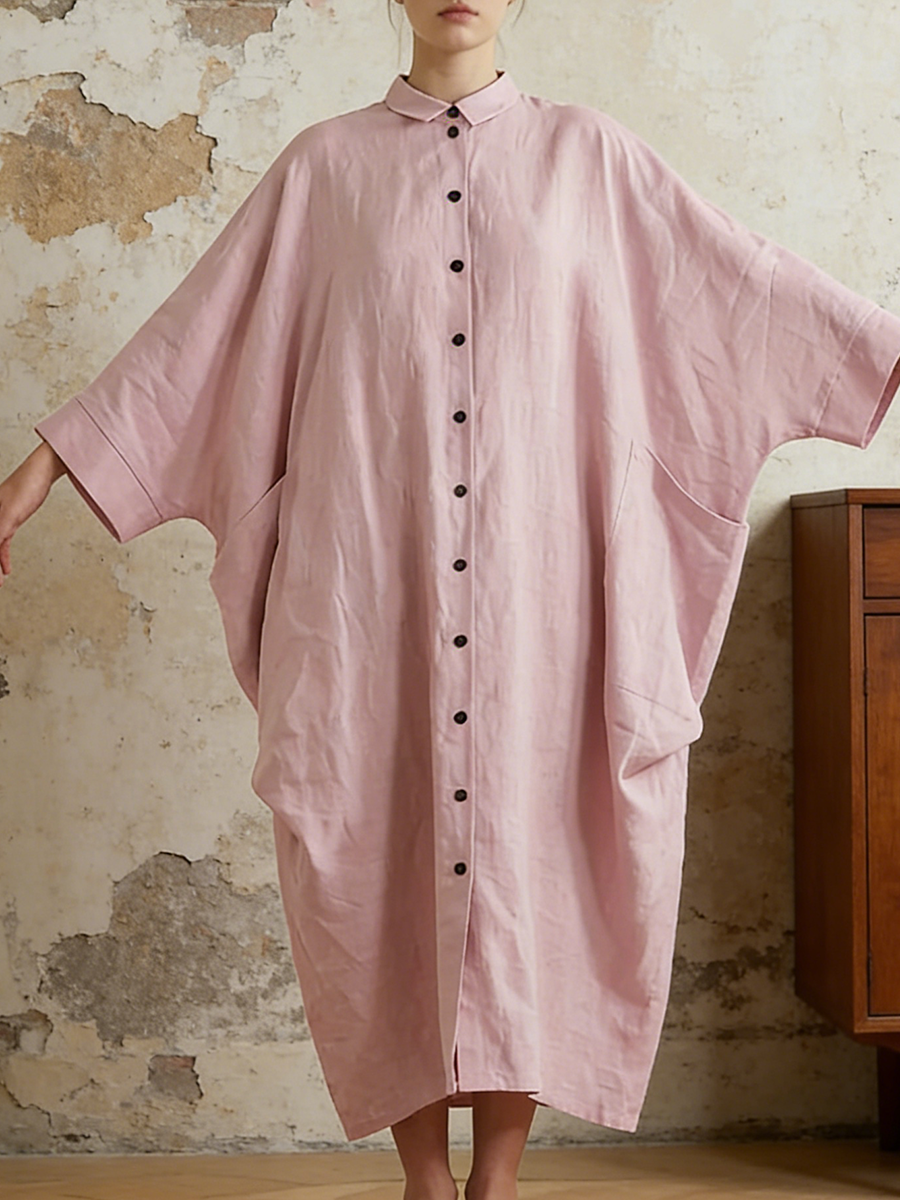Casual Batwing Sleeve Cotton And Linen Dress