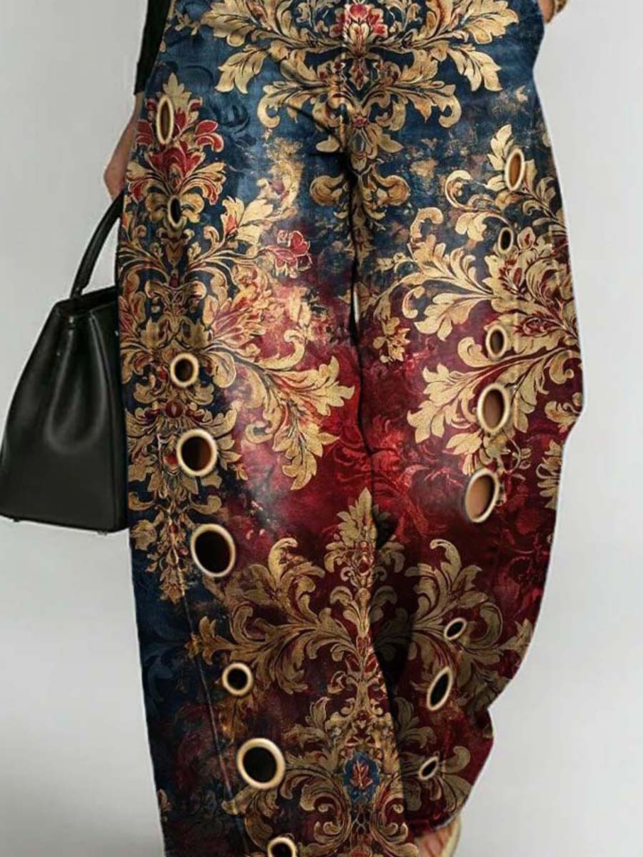 Women's Retro Floral Art Print Casual Stylish Hollow Denim Pants