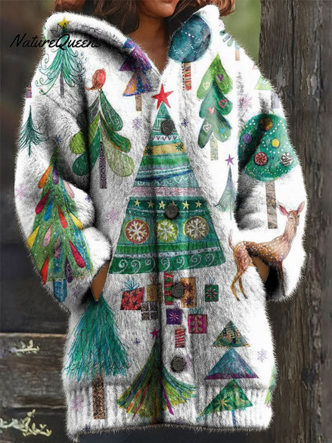 Women's Retro Christmas Tree Scenery Pattern Art Print Casual Plush Warm Coat