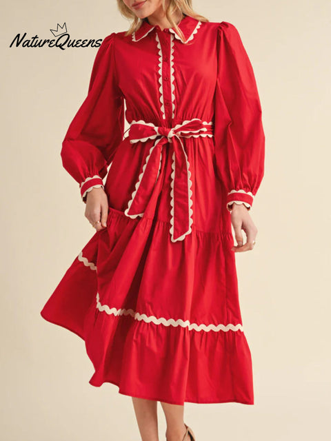 Women's ribbon contrast solid color long-sleeved cotton dress