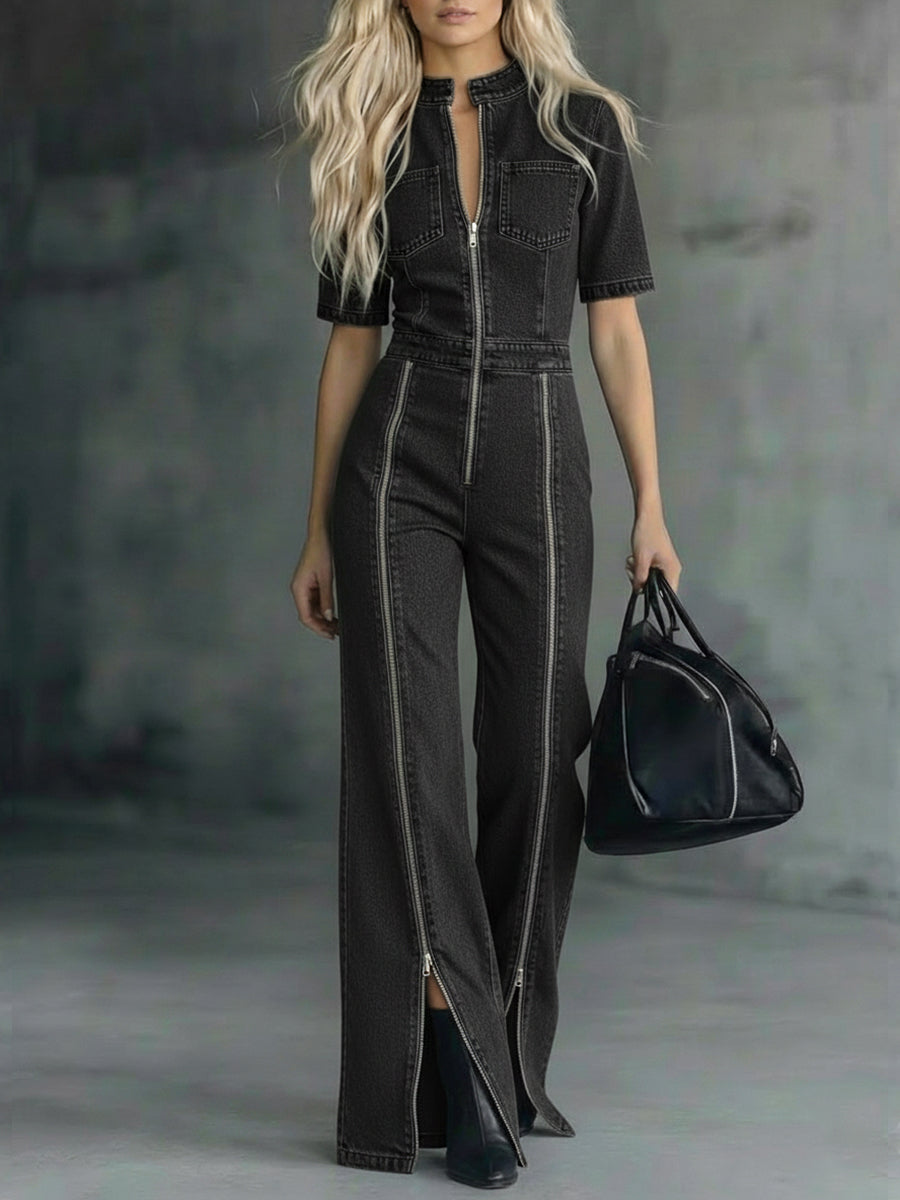 Casual Zippered Denim Jumpsuit