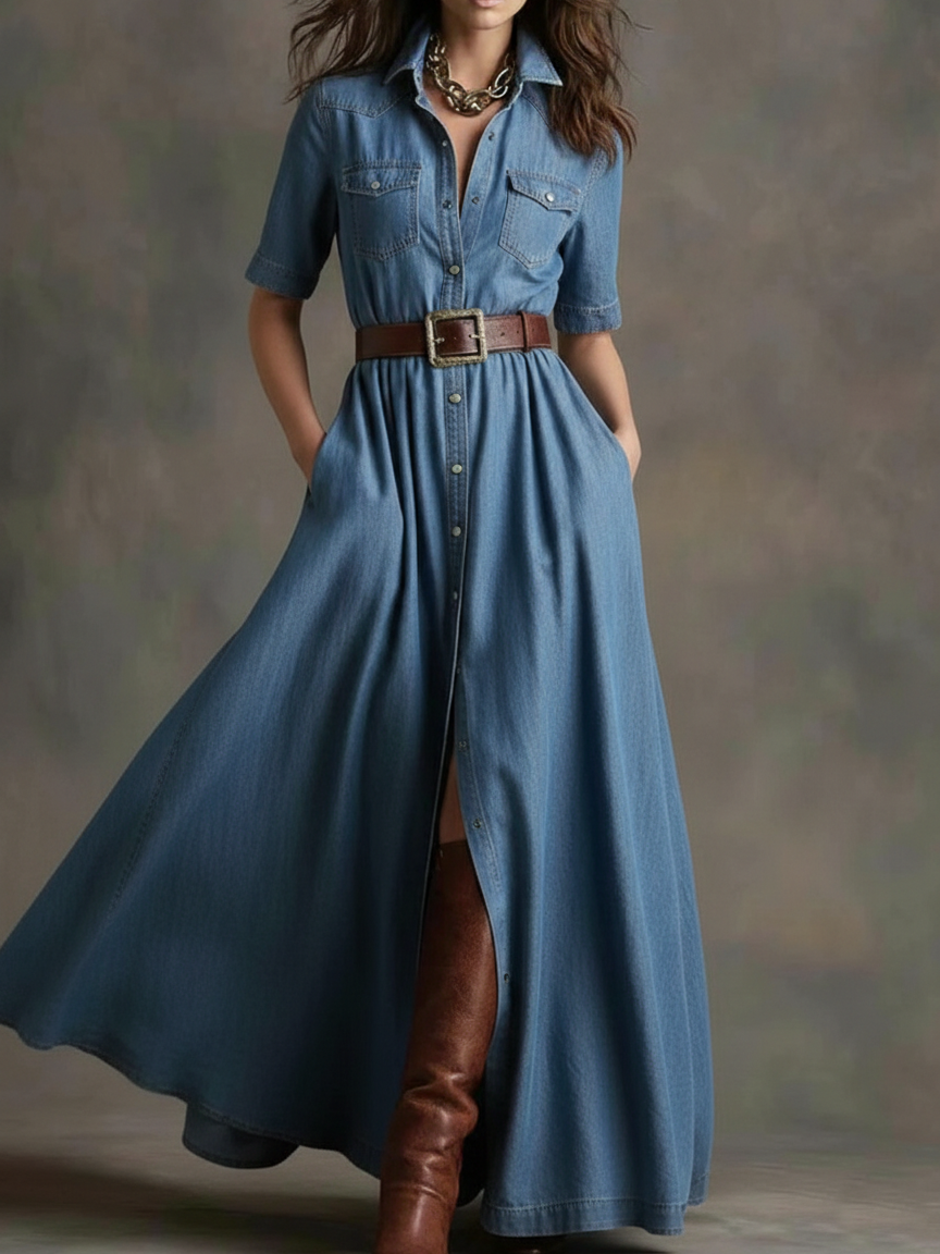 Casual Shirt Collar Button-up Denim Maxi Dress