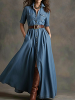 Casual Shirt Collar Button-up Denim Maxi Dress