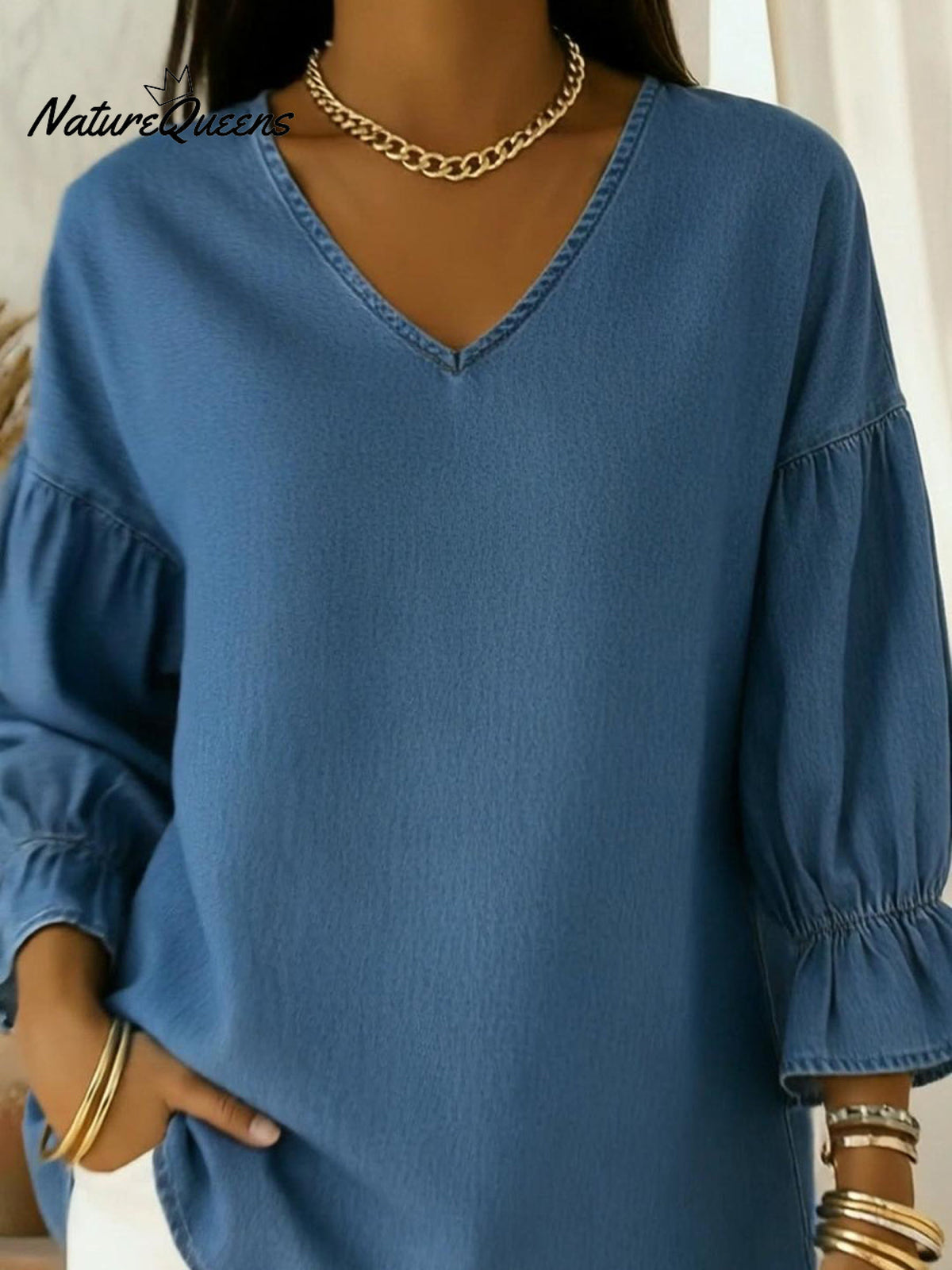 Casual V-neck Denim Shirt Top