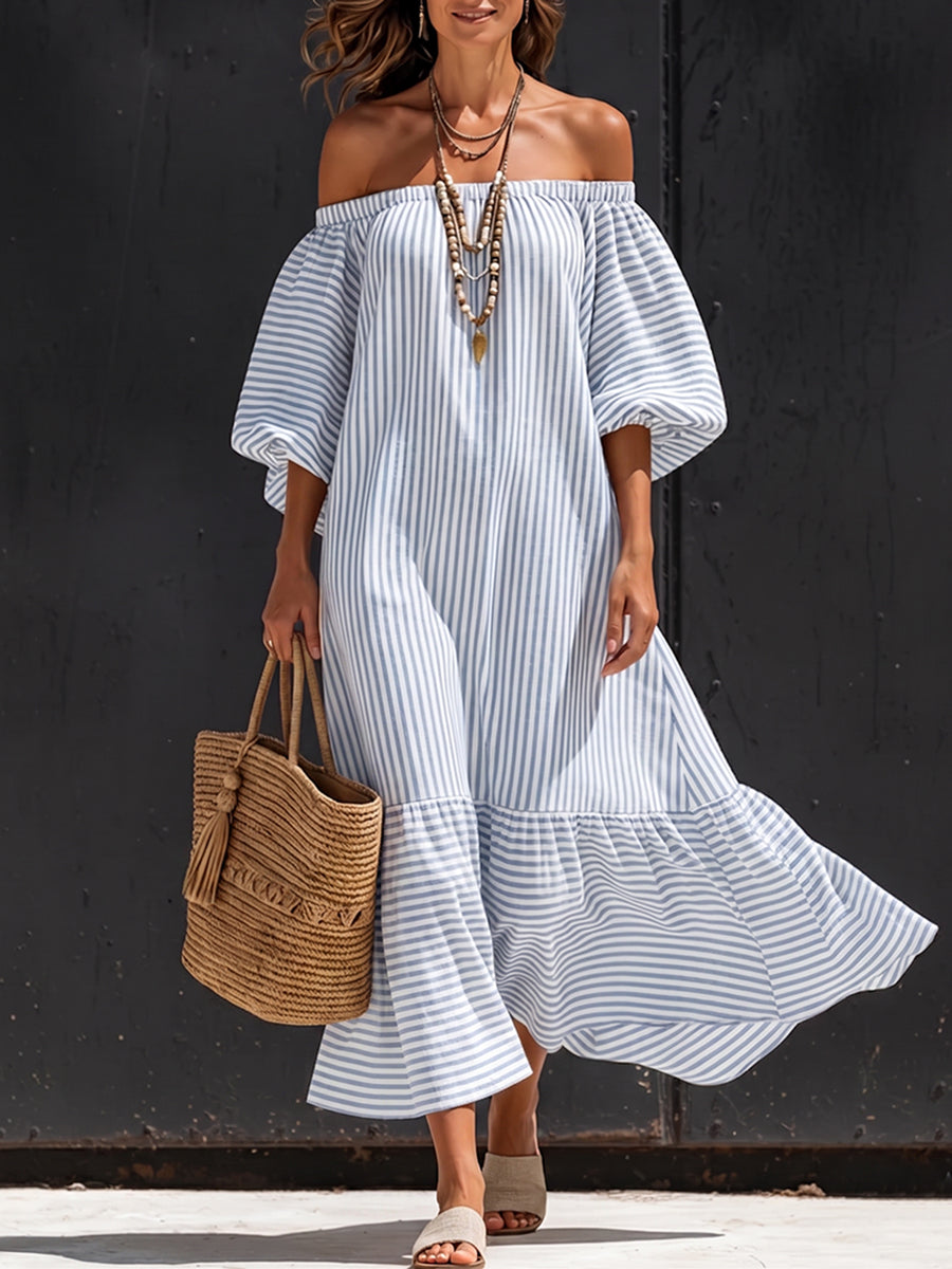 Elegant Striped Off-shoulder Cotton Dress With Lantern Sleeves