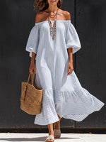 Elegant Striped Off-shoulder Cotton Dress With Lantern Sleeves