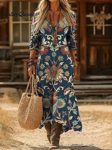 Women's Floral Pattern Art Print Casual Cotton Dress