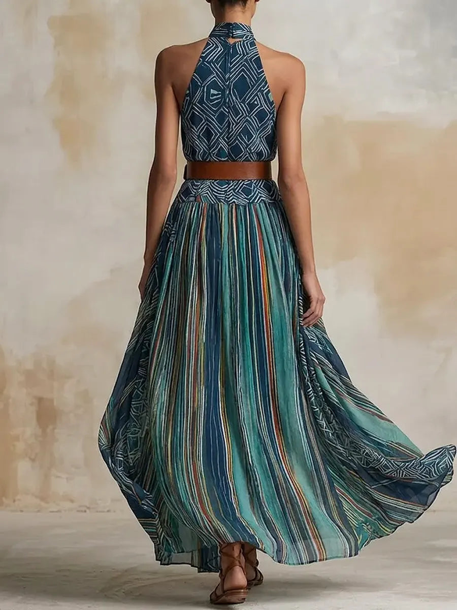 Women's Retro Striped Art Casual Relaxed Vacation Chiffon Dress