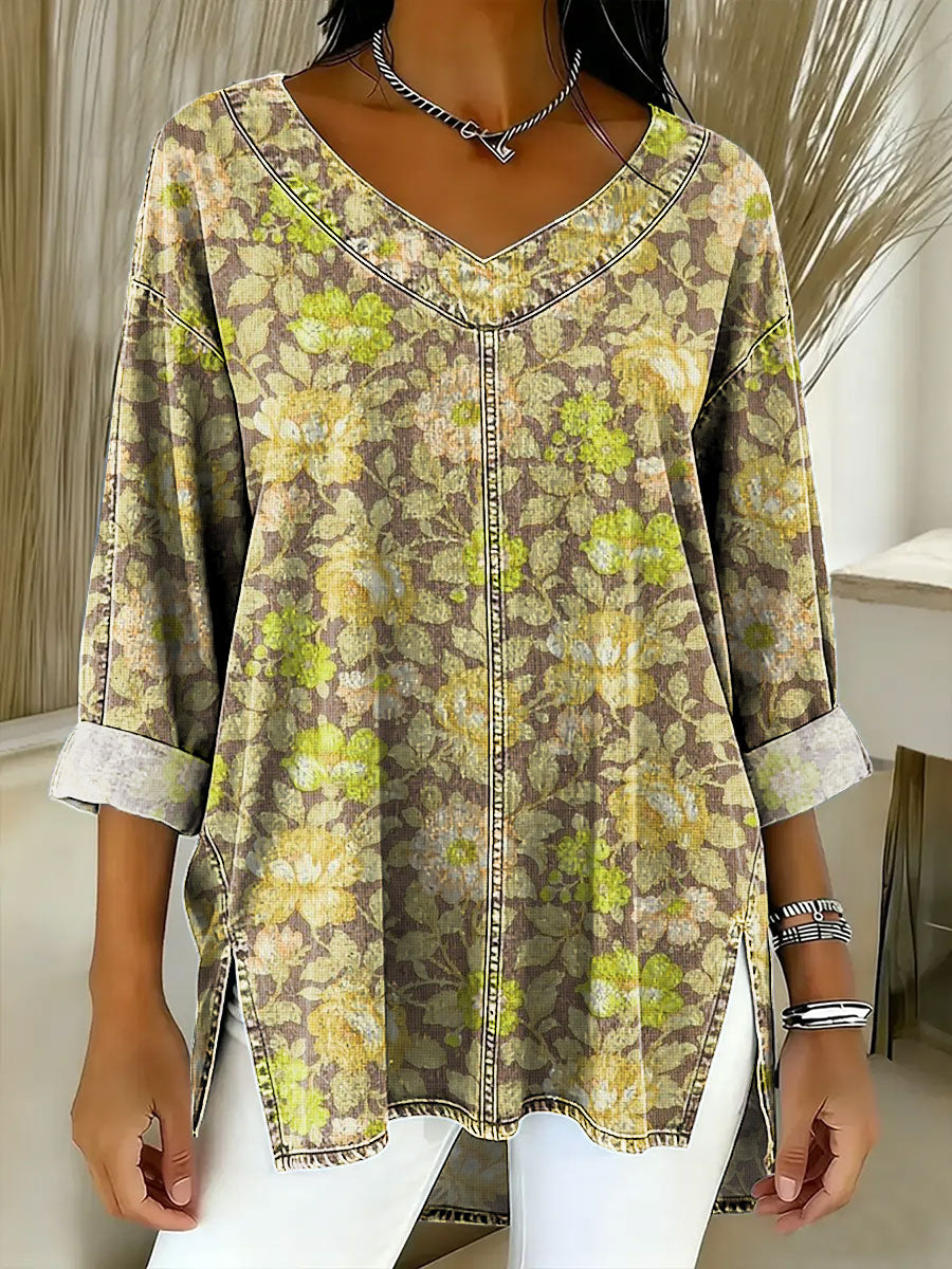 Women's Retro Gradient Flowers Floral Art Patterns Casual Washed Denim Cotton Top