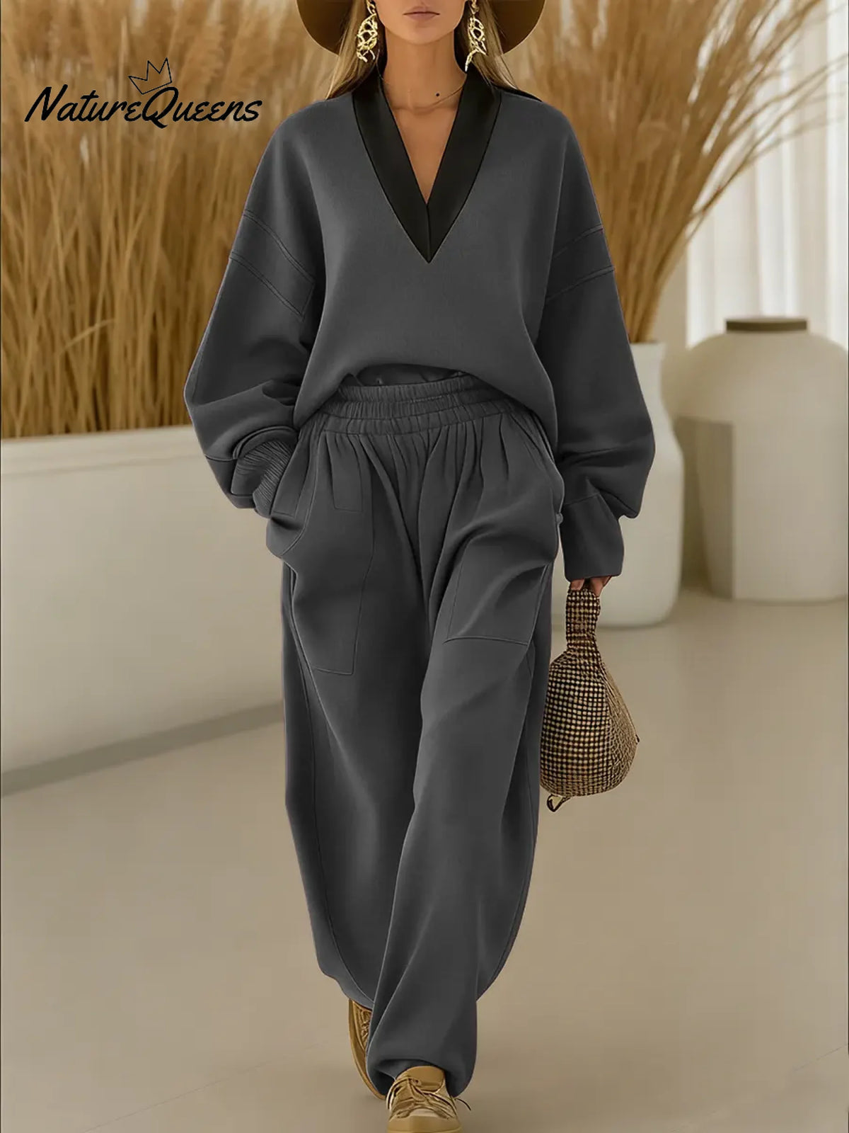 Women's Color Block V-neck Long-sleeve Casual Loose Sweatshirt With Elastic Waist And Wide-leg Pants Set