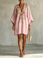 Dreamy Retro Floral Print V-neck Cotton-linen Dress