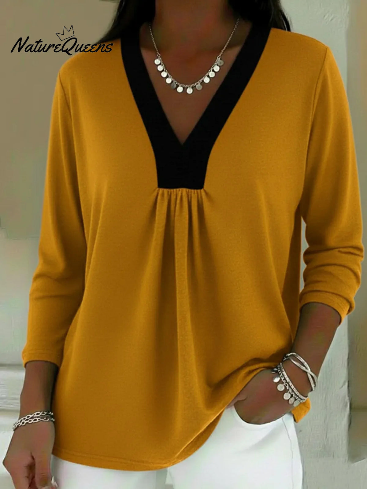 Casual Color-block V-neck Cotton Shirt Top