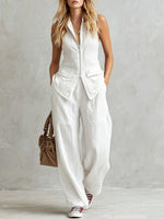 Solid-color Sleeveless V-neck Color-block Wide-leg Pant Set