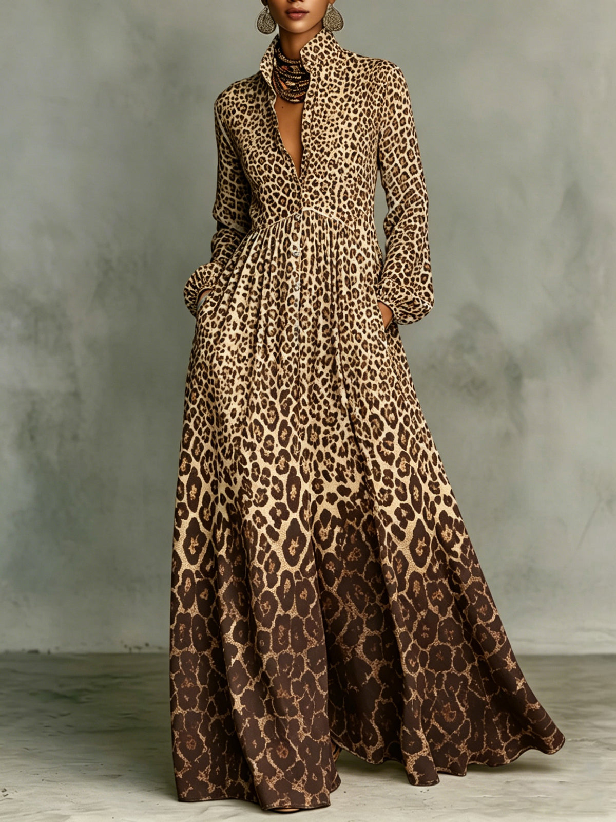 Gradient Leopard Print Stand Collar Button-down Maxi Shirt Dress