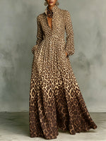 Gradient Leopard Print Stand Collar Button-down Maxi Shirt Dress