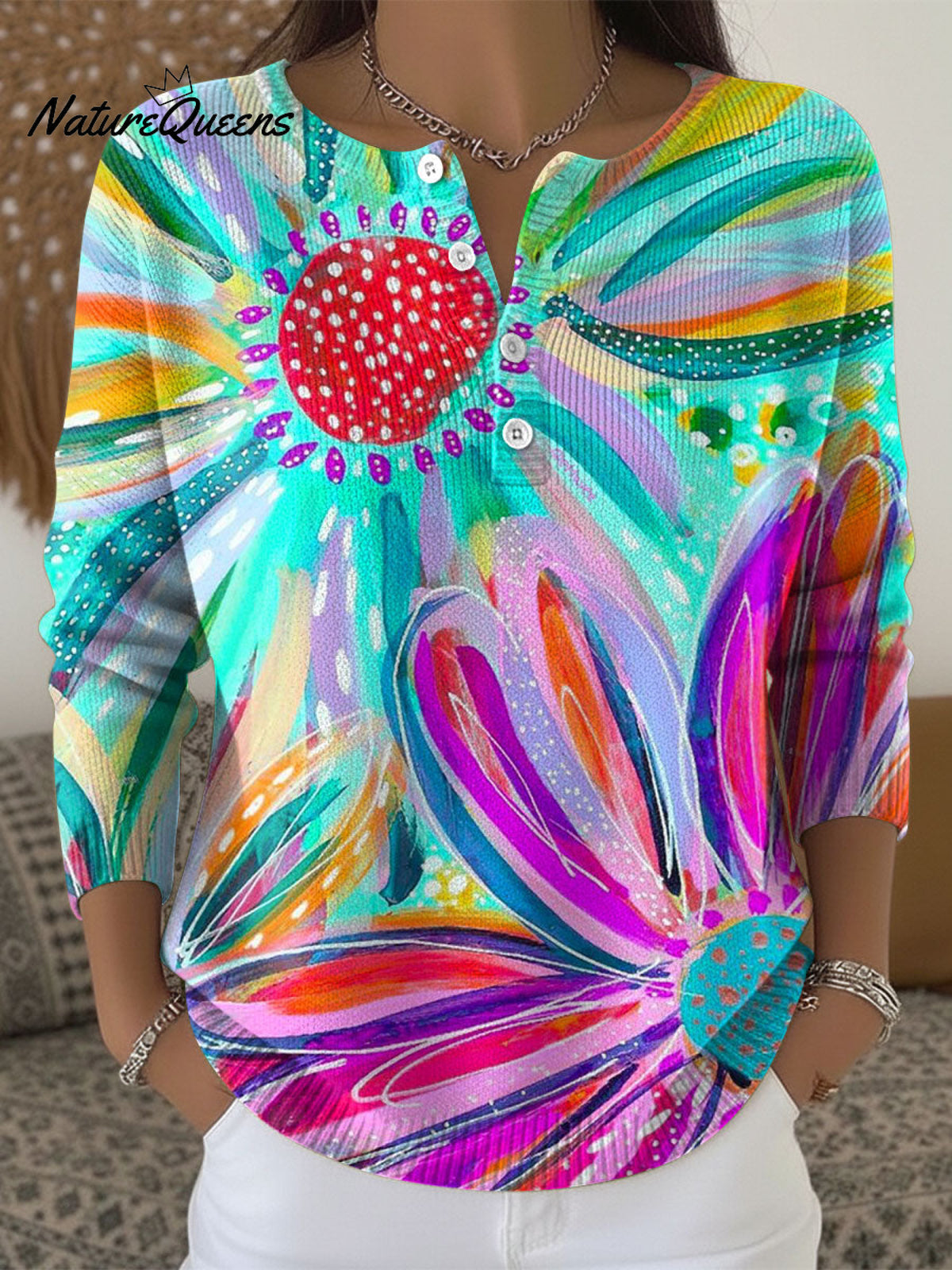 Women's Retro Abstract Flowers Floral Colorful Patterns Art Print Buttoned Cardigan Sweater