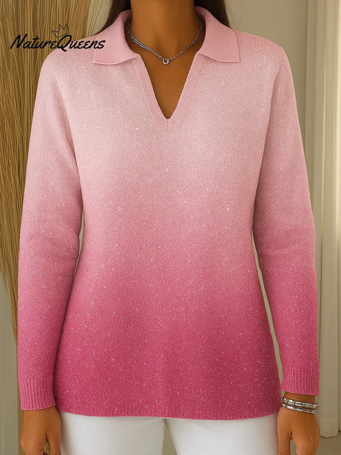 Women's Gradient Print V-Neck Long Sleeve Casual Loose Sequined Top