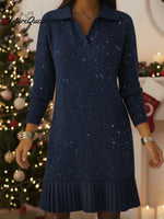 Elegant Polo Neck Shimmering Knit Dress